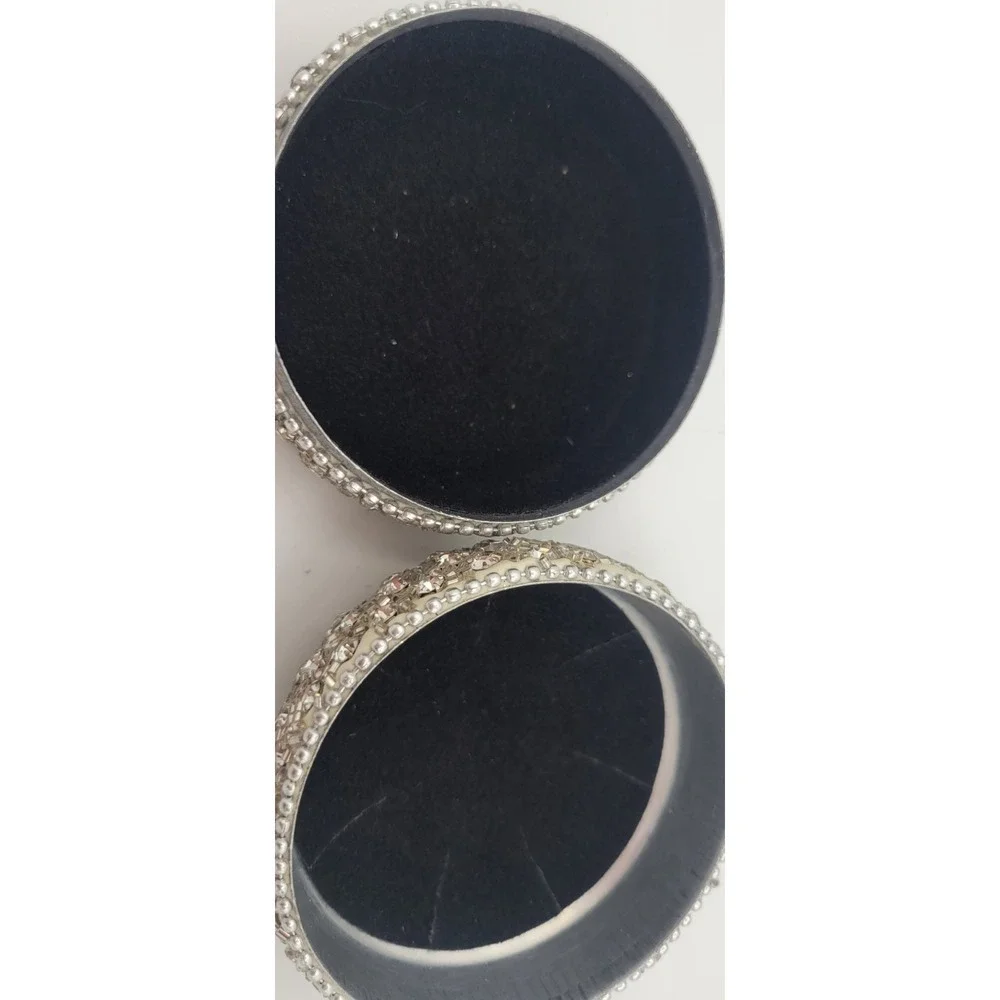 Silver Tone Round Rhinestone Crystal Beaded Trinket Box with Lid
